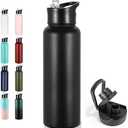 VEGOND 40 oz Insulated Water Bottle Stainless Steel Metal Water Bottles with Leak Proof Straw Lid & Spout Lid, Wide Mouth Double Walled Vacuum Travel Sports Bottle, Black