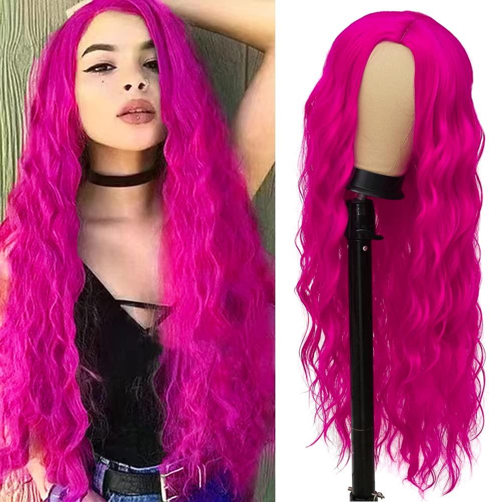 Rose Red Hot Pink Curly Wig Long Wavy Wigs for Women Natural Middle Part Synthetic Wig for Halloween Cosplay Wigs