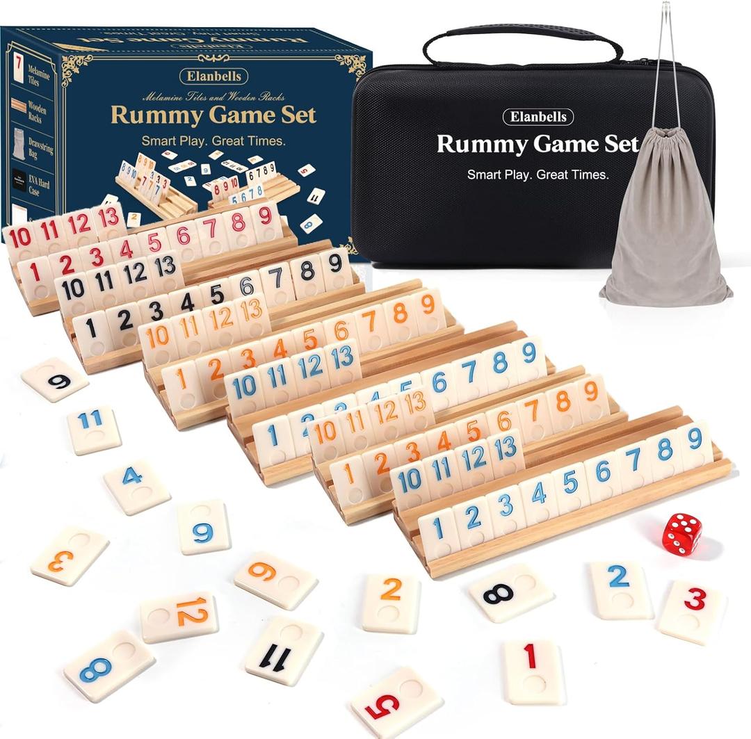 Upgraded 2-6 Players Rummy Cube Board Game Set with 6 Wooden Racks, 160 Tiles, Portable Case, Drawstring Bag and Dice, for Adults Friends Night Gifts Travel Party Sharpens Brain
