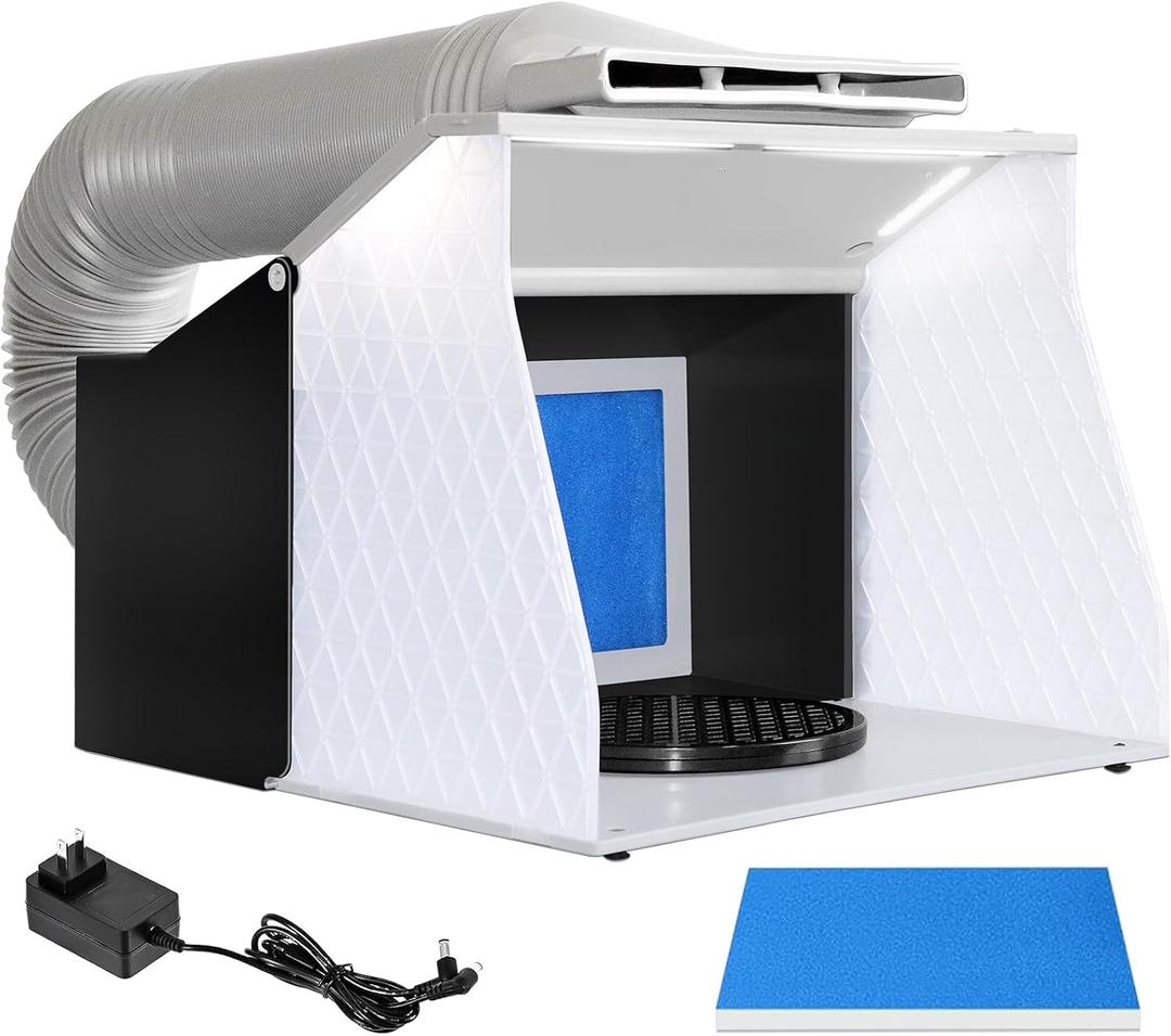 VEVOR Airbrush Spray Booth, Portable Hobby Airbrush Paint Spray Booth Kit with 4 LED Light, Powerful Dual Exhaust Fans, Turntable and 6 ft Extension Hose, for Painting Models, Arts, Crafts, Cakes
