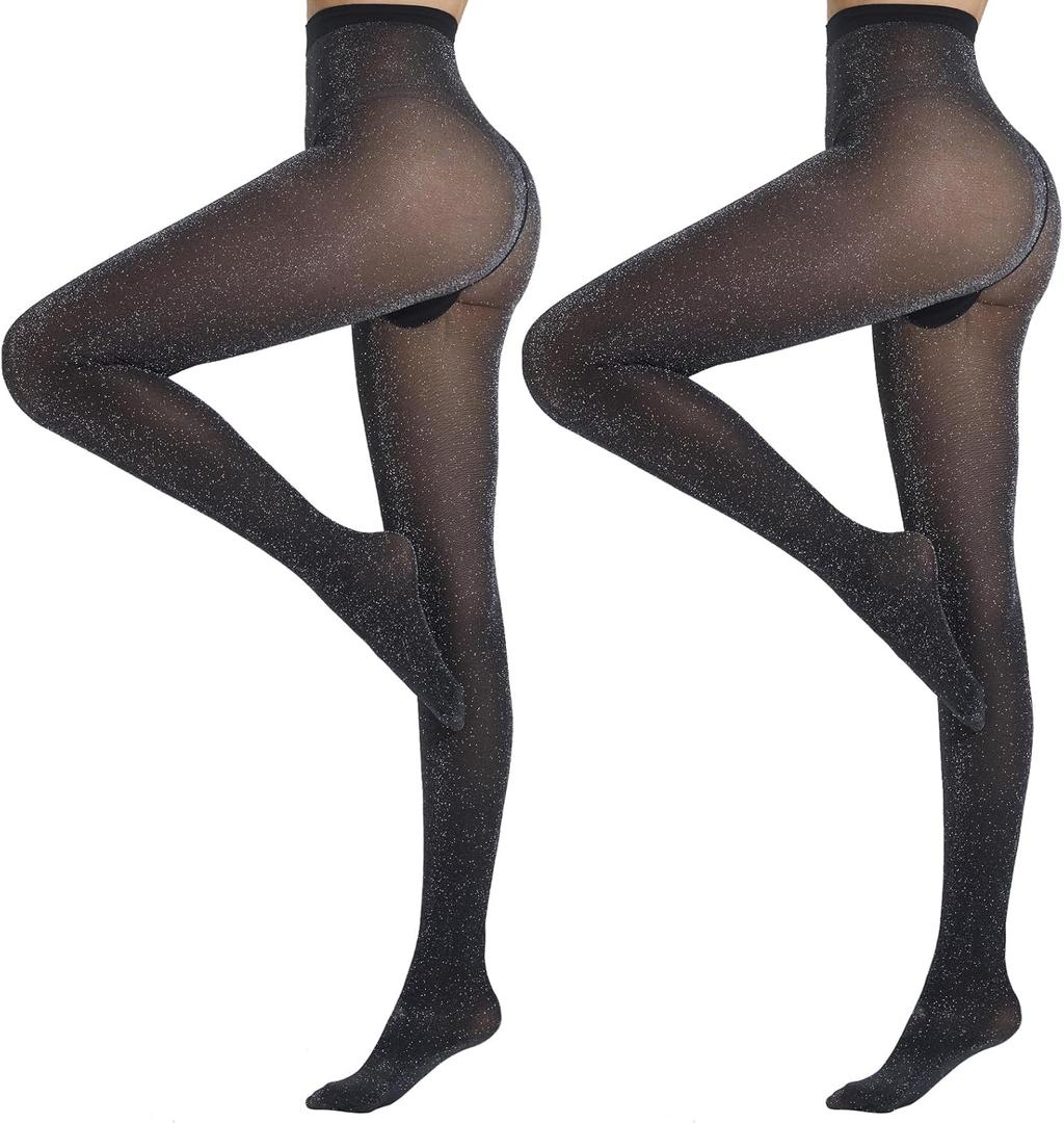 Yilanmy Sparkly Tights for Women Lurex Metallic Shimmer Tights, 50D High Waist Glitter Pantyhose 2 Pairs (Small-Medium, Black(silver)*2)