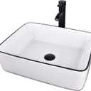 Ceramic Bathroom Sink, White 19" x 15" Above Counter Porcelain Vessel Sink with Black Faucet and Pop up drain Set, Rectangle