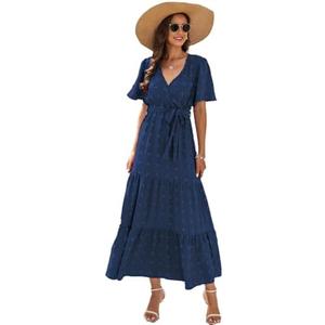 Fancy Uyee Women's Wrap V Neck Maxi Dress Swiss Dot Short Sleeve Casual Tie Waist Boho Flowy Long Dresses, Large