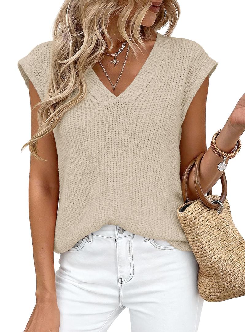 PRETTYGARDEN Women's Cap Sleeve Sweaters Vest Summer Tops | Lightweight Knit, Crochet V Neck, High Low Split Hem, Loose Fit, Tank Shirt, Casual Trendy, Beach Vacation, Going Out Outfits, Medium
