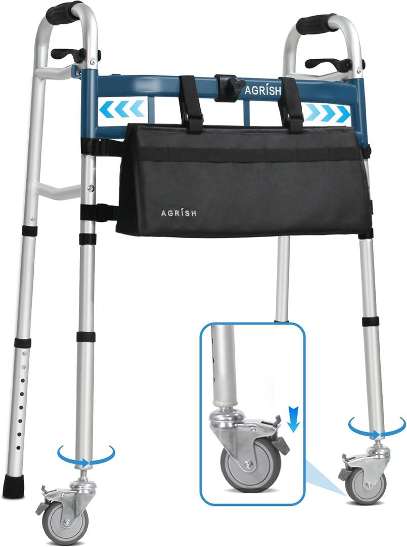 Agrish Narrow Walkers for Small Spaces - FSA/HSA Eligible Walker with 360 Swivel Wheels&Brakes, Width&Height Adjustable, Narrow Walkers with Basket, Foldable Walker for Seniors, Up to 350 lbs