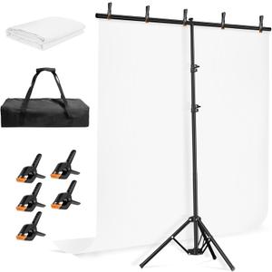 EMART 5 * 6.5ft White Photo Backdrop with Stand Kit for Photography Video StudioWhite Screen Photoshoot Background Curtain with T-Shaped Portable Backdrop Stand Carrying Bag 5 Clamps
