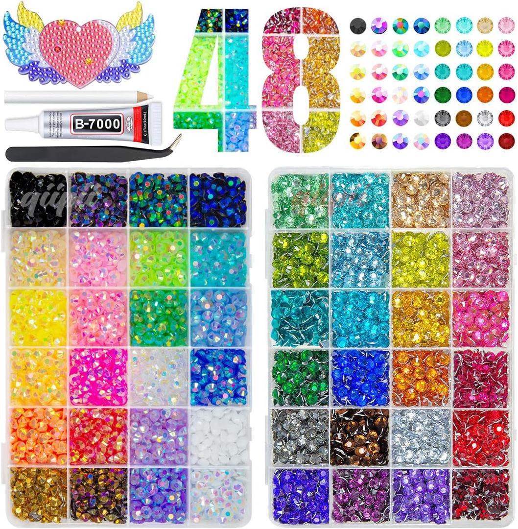 qiipii 48 Color 6mm Jelly AB & Crystal Colorful Resin Rhinestones for Bedazzling Crafting SS30 Flatback Stones Gems Diamonds Charms for Nails Eyes Face Makeup Beauty Tumblers Bottles DIY Crafts Shoes