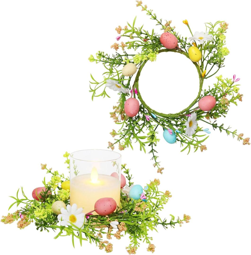 Easter Day Candle Rings Set of 2, 4 Color Eggs and Flower Wreaths for Pillar and Taper Candles - Festive Candlesticks Centerpieces for Easter Day, Baby Shower, Birthday, Spring Dinner Table Decor