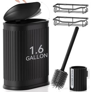 Stainless Steel Bathroom Can and Toilet Brush Set, 1.6 Gallon Small Black Garbage Can with Press Type Lid, Black Narrow Wastebasket for Bathroom Bedroom