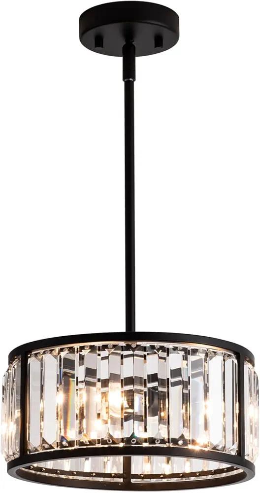 MAYNA Crystal Pendant Light Fixture, 3-Light Black Chandelier Light Fixture, Cylinder Adjustable Height Pendant Lights for Kitchen,Dining Room,Living Room,Foyer,Hallway