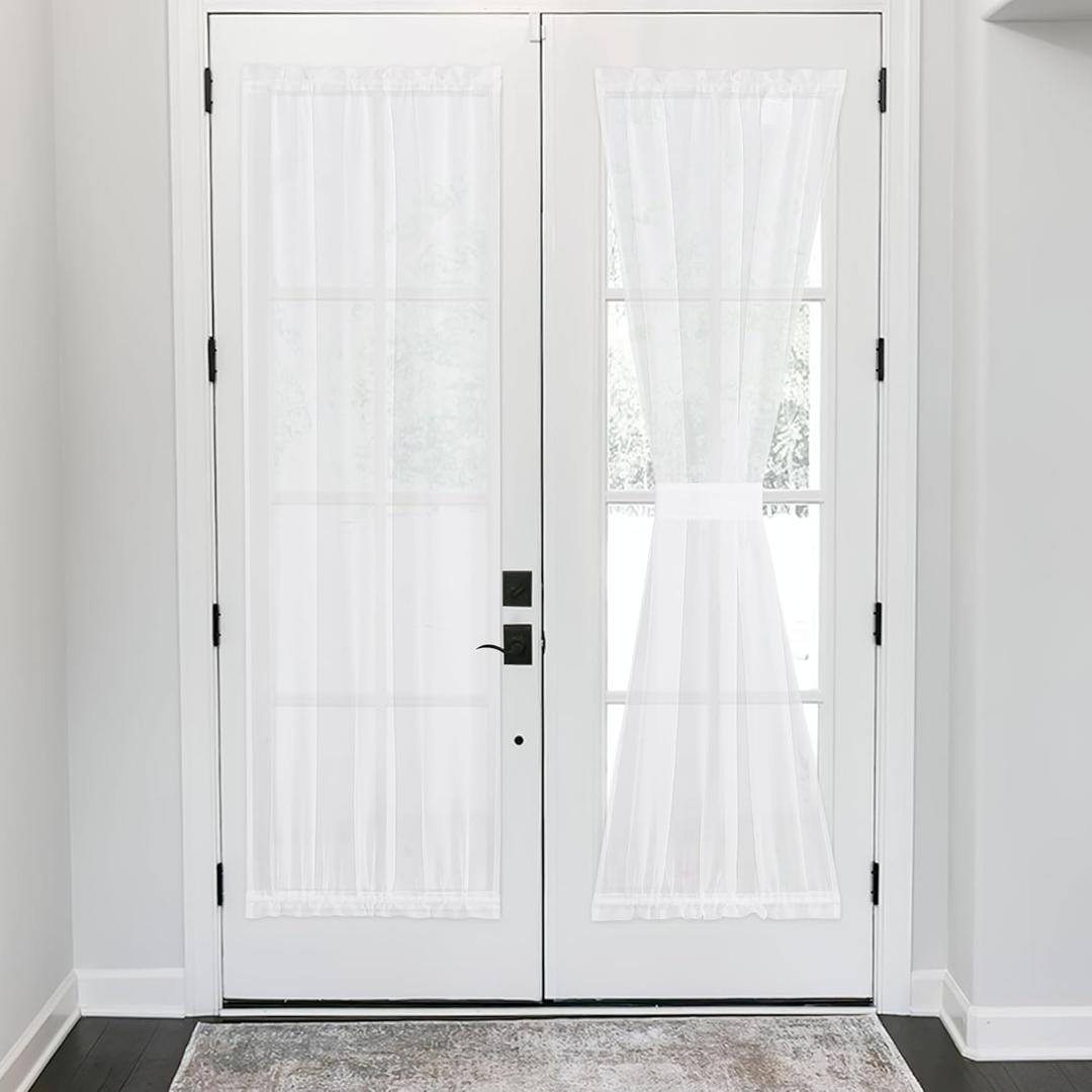 NICETOWN 2 Panels White Sheer Door Curtains for Kitchen, 30 x 72 Inches Long Curtains for Glass Window, Rustic Sheer Drapes Light Filtering Semi Rod Pocket French Door Privacy Added