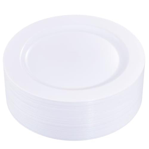 I00000 50Pcs White Plastic Dinner Plates 10 Inch, Premium Disposable Party Plates, Safe and Reusable, Heavy Duty Plastic Plates Perfect for Wedding Valentine's Day Party