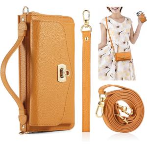 Crossbody Wallet Case for iPhone 17 Pro Max 6.9", Magnetic Detachable PU Leather Case with RFID Blocking Card Holder, Wristlet & Shoulder Strap, Flip Zipper Clutch Purse for Women - Orange