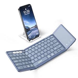Samsers Foldable Bluetooth Keyboard with Touchpad, Full-Size Wireless Folding Keyboard with PU Leather, Portable Travel Keyboards for iOS Android Windows Mac OS, Support 3 Devices (BT5.1 x 3), Blue