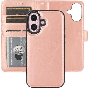 Bocasal Detachable Wallet Case for iPhone 16 RFID Blocking Card Slots Holder Premium PU Leather Magnetic Kickstand Shockproof Wrist Strap Removable Flip Protective Cover 5G 6.1 inch (Rose Gold)