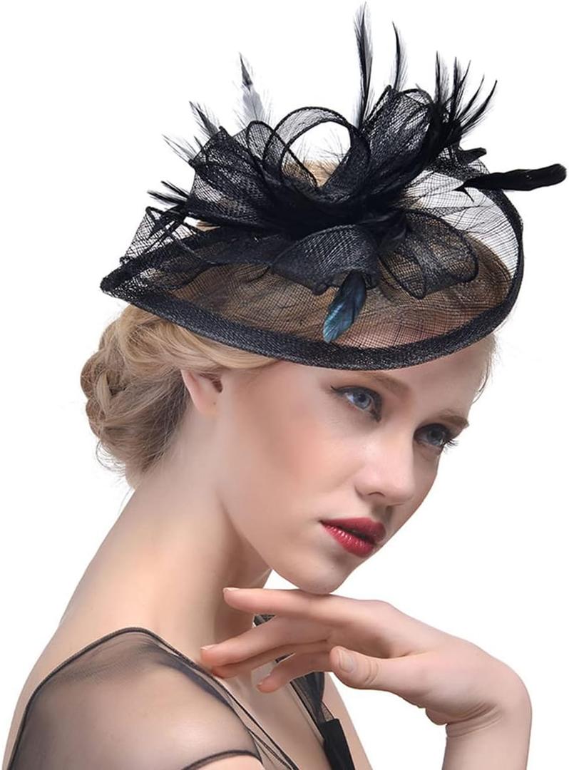 JWICOS Vintage Fascinators for Women with Feather Fascinator Headband Wedding Hair Clip Tea Party Hat for Women (One Size, Black)