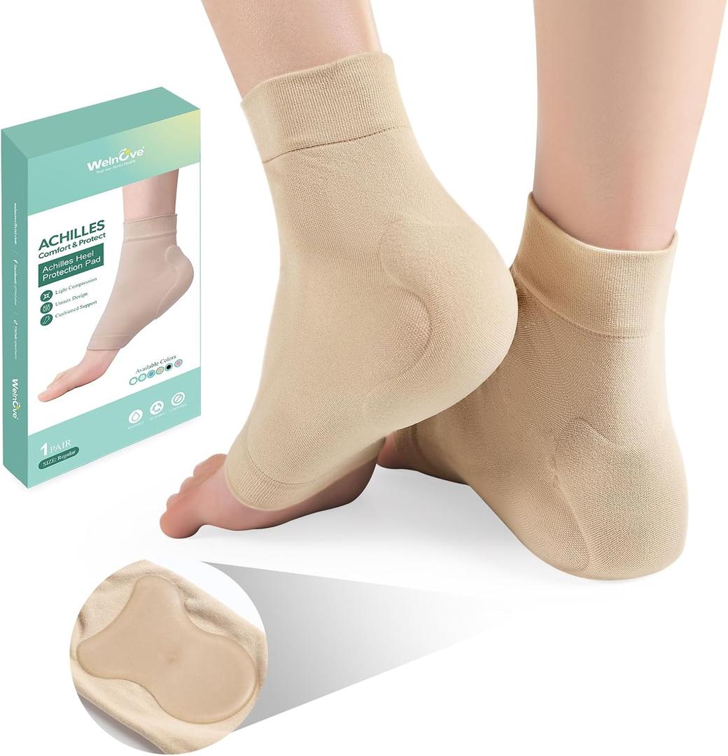 Achilles Tendonitis Heel Protector Socks - (FSA&HSA) Welnove Achilles Tendon Support Compression Socks - Gel Padded Sleeve for Cushion & Protection of Bursitis, Tenderness, Dry Cracked, Regular (Beige)