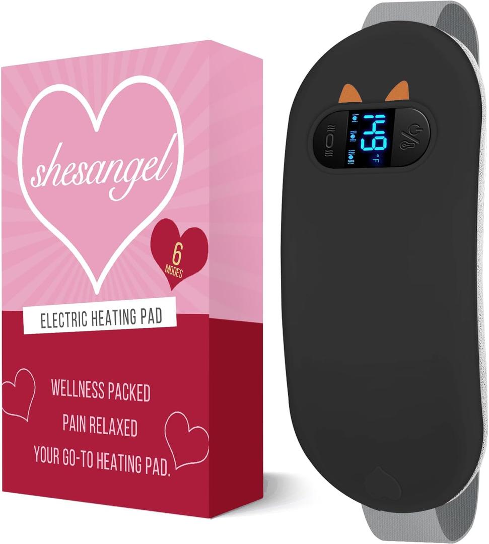 Portable Cordless Menstrual Heating Pad with 6 Heat Levels and 6 Massage Modes, Heating Pad for Period Cramps, 3s Fast Heating Gift for Women and Girl(Black,Black-6 Levels)