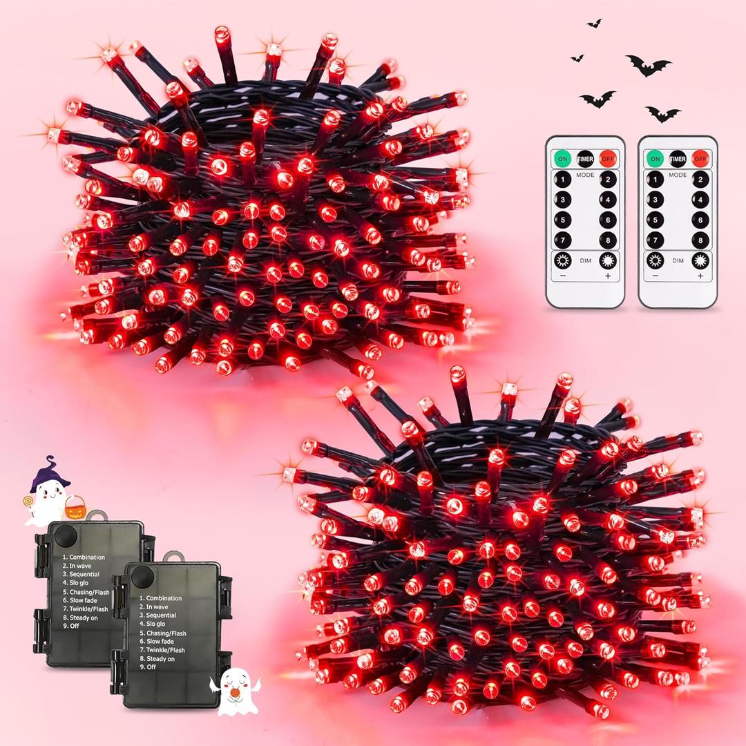 JMEXSUSS 2 Pack 100 LED Red Christmas Lights for Valentines, Each 33 FT Christmas Lights Battery Operated, Red Battery Light Indoor Outdoor Waterproof for Tree House Valentines Porch Yard Decor