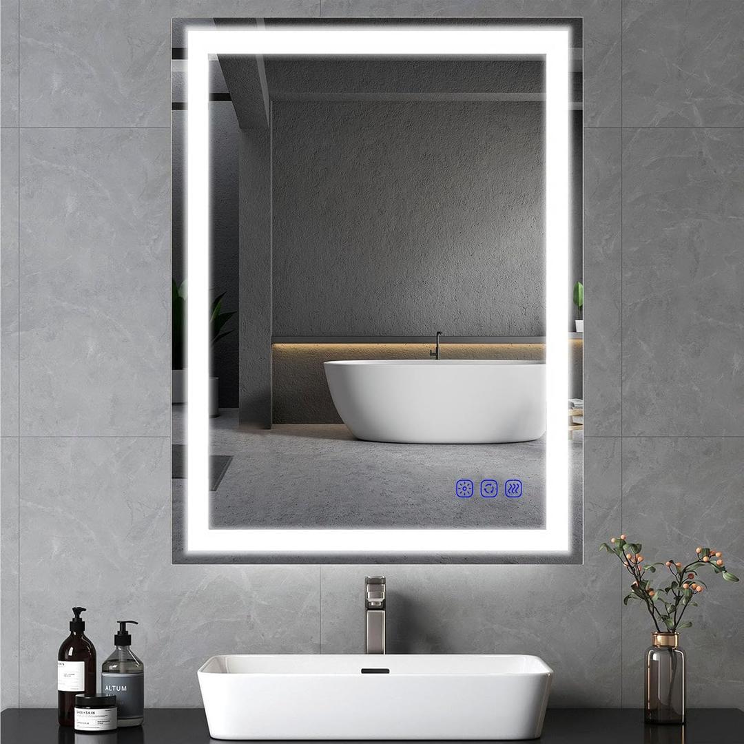 LED Bathroom Mirror with Lights 36"x24" Smart Wall-Mounted LED Mirror Lighted Bathroom Mirror with Stepless Dimmable, Touch Screen Button, Anti-Fog, Memory Function, Adjustable Colors