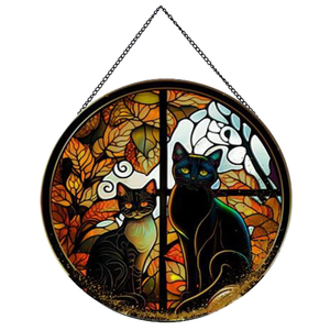Black Cat Suncatcher Stained Glass,Hanging Stained Glass for Windows for Cat Lovers,20cm/7.87inch Hand-Painted Sun Catcher Garden Hangings Ornaments Halloween Fall Christmas Decor for Home