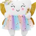 Tooth Fairy Pillow with Shiny Wings Embroidered Tooth Fairy Doll with Pocket Crystal Velvet Tooth Fairy Souvenir Boy Girl Gift (White) (Second Edition)
