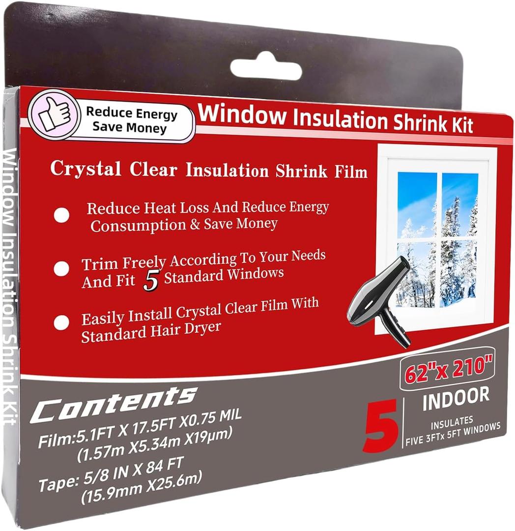 5-Window Shrink Film Window Insulation kit（62-Inch x 210-Inch）
Insulating Film Window Kit Keeps Cold Air Out and Warm Air In (5 Windows)