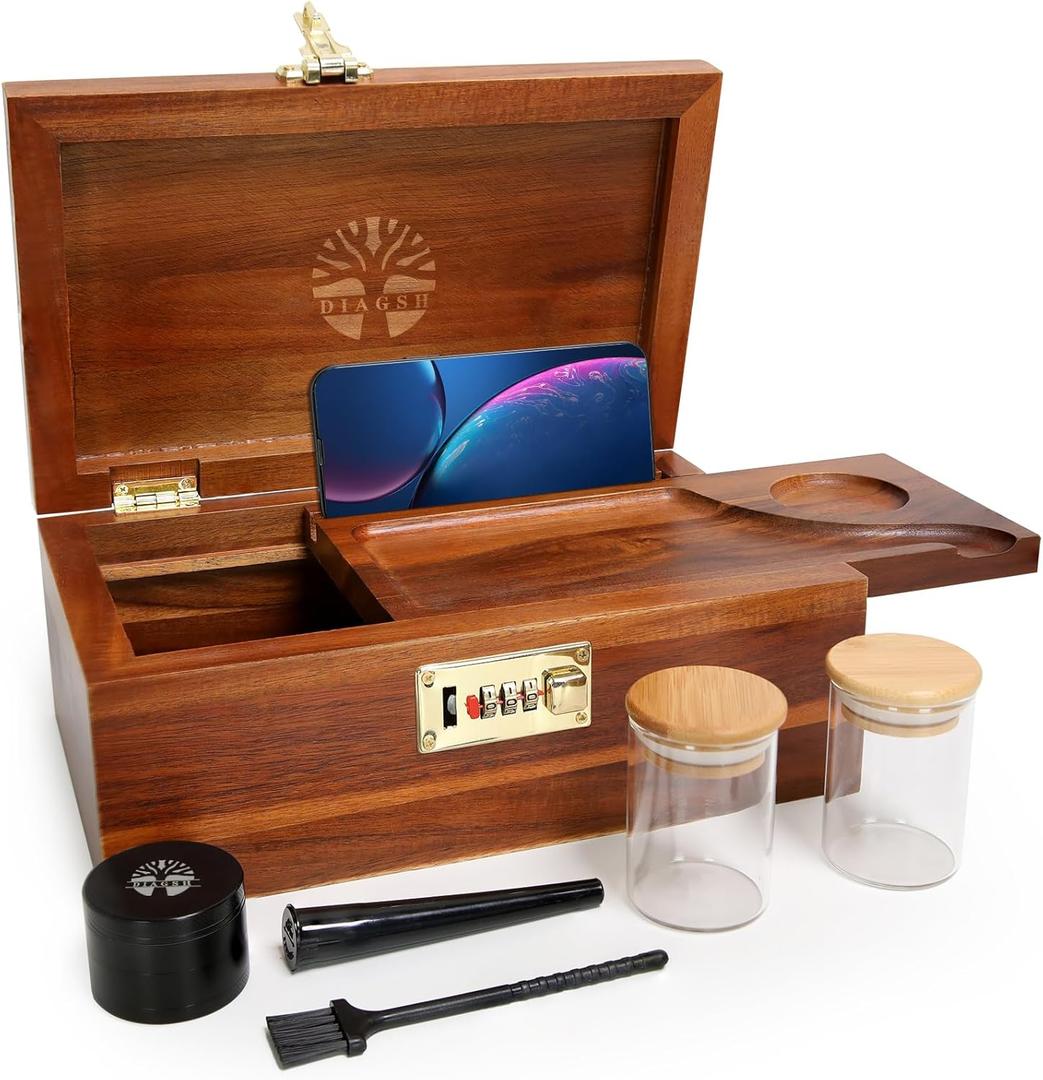 Premium Acacia Wood Storage Box with Grinder & Combination Lock  Multi-Purpose Organizer Set with Glass Jars