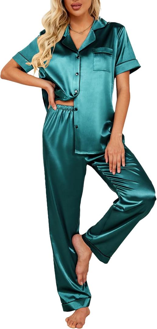 Ekouaer Silk Satin Pajamas Set Women Short Sleeve Sleepwear Soft Button Down Loungewear Pjs Set (XX-Large, Blue Green)