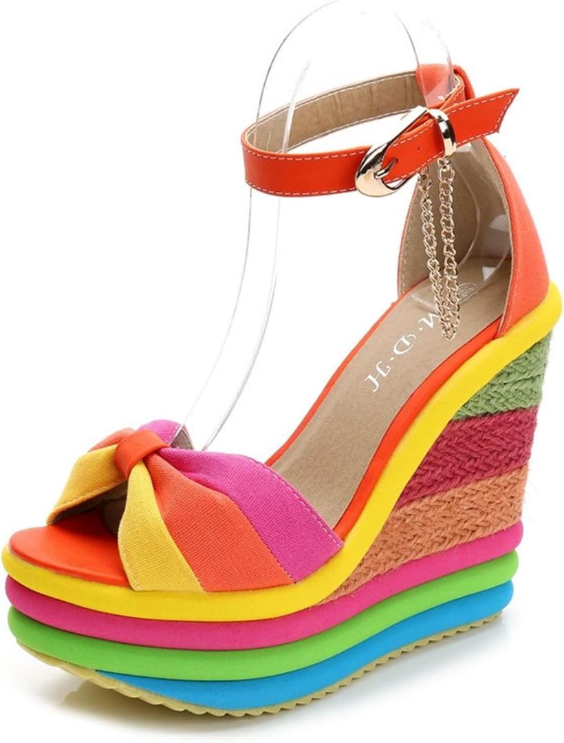 Women Straw Super High Heel Rainbow Sandals,Fish Mouth Wedge Roman Y2K Sandal,Adjustable Ankle Strap Espadrilles Platform Candy Color Party Dress Shoes, 40