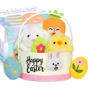 Wangchao Craft My First Easter Basket for Baby with Prefilled Plush Bunny Chick Carrot Eggs 7 Pcs Stuffed Easter Basket for Girl Boys Infant Kids Easter Party Supplies Favor Set (Yellow Pink)