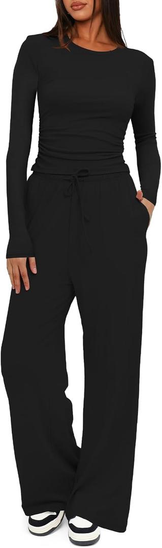 Women's 2 Piece Sets Fall Outfits Long Sleeve Wide Leg Tracksuits Casual Lounge Set Matching Sets (Large, Black(29" Inseam))