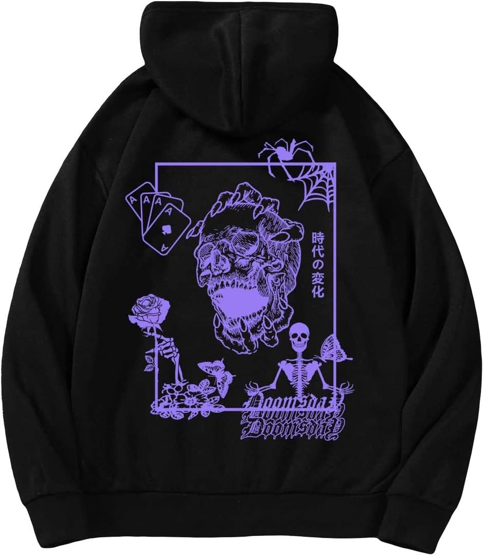 COZYEASE Men's Y2K Graphic Hoodie Drawstring Vintage Sweatshirt Long Sleeve Letter Streetwear with Pocket (4X-Large, Black)