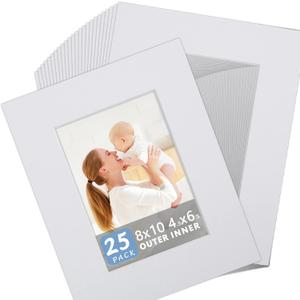 25 Pack White Picture Mats - 8x10 Pre-Cut Mats for 5x7 Photos - White Core Bevel Cut Frame Matte, Acid Free, Ideal for Frames, Artwork and Prints