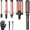Wavytalk 5 in 1 Curling Wand Set, Dual Voltage Curling Iron Set with 5 Interchangeable Barrels Included A Thermal Brush, A Hair Crimper and 3 Ceramic Curling Wands(0.5"-1.25"), Rose Pink