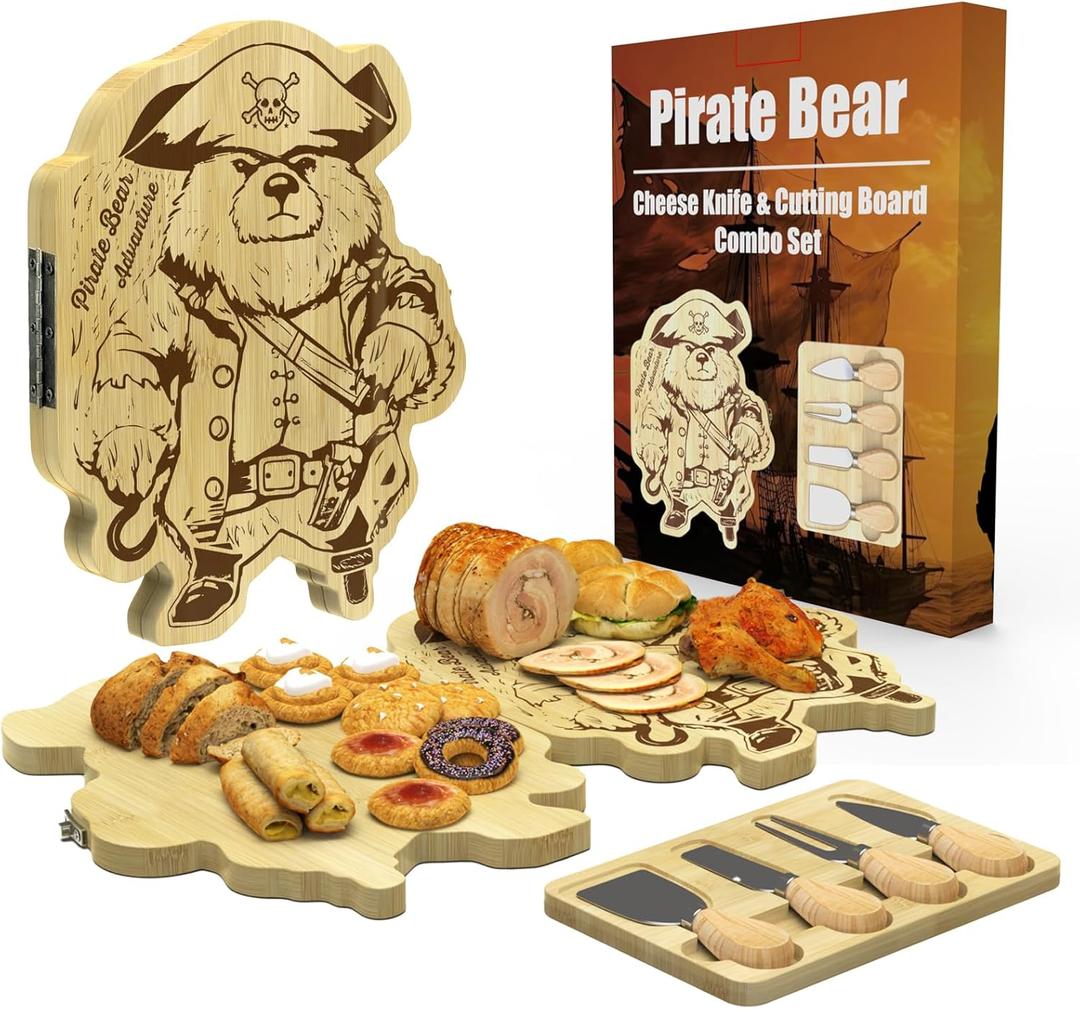 Pirate Bear Charcuterie Cheese Board with 4 Cheese Knives Bamboo Folding Portable Charcuterie Tray Perfect Choice for Christmas Birthday Gifts for Women Men
