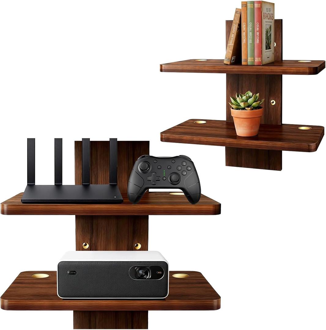 2PCS Floating TV Shelf, Projector Wall Mount Holds Up to 22lbs, Wooden Float Book Shelves Projector Shelf for Wall DVD Players, Living Room Decor,Game Consoles Bed Room,4 Shelves