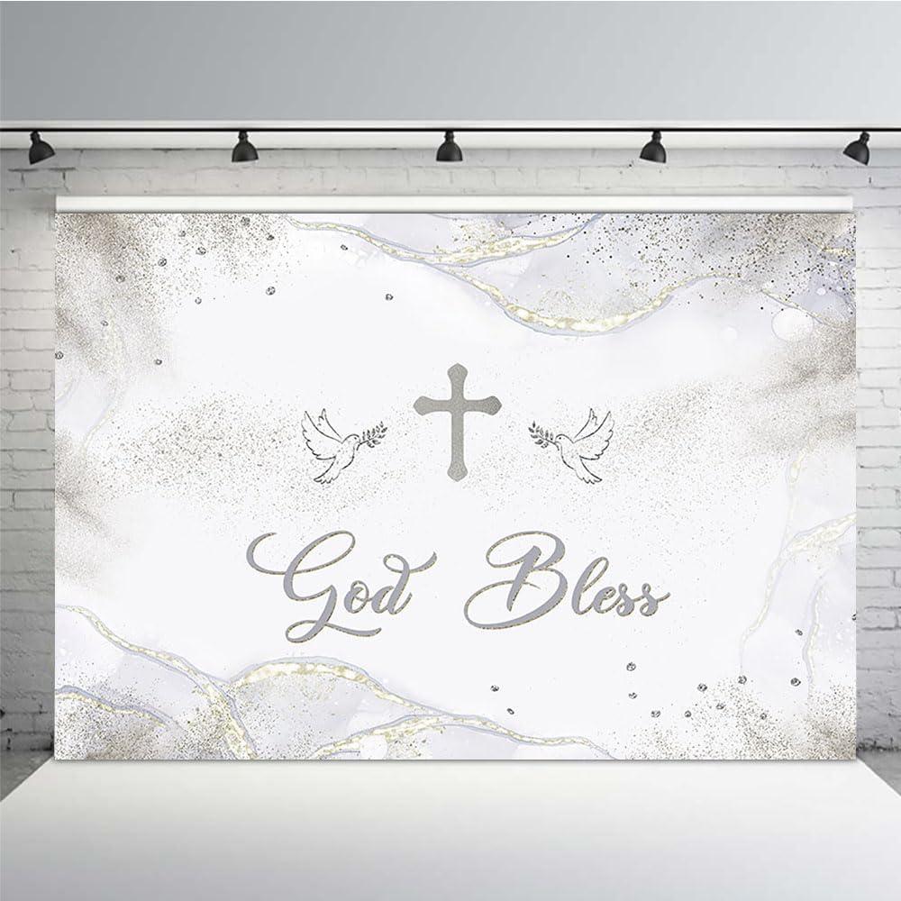 MEHOFOND 7x5ft God Bless Backdrop Silver Mi Bautizo Nuestro Bautizo Christening Photography Background for Girls Boys Dove of Peace Golden Guilter Watercolor Clouds Party Supplies Decorations
