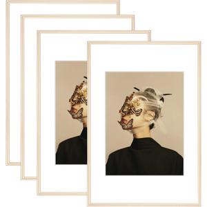8x12 Picture Frame Set of 4, Matted Brass Simple Modern Brushed Thin Aluminum Metal Photo Frame Fits 6x8 with Mat or 8 x 12 without Mat Vertical and Horizontal for Tabletop and Wall Mounting