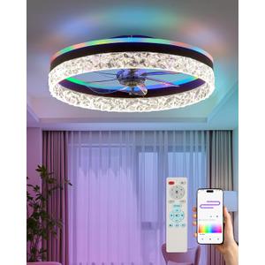 20" Bladeless Ceiling Fan with RGB Light and Remote/APP Control, Flush Mount Ceiling Fans Light with Reversible Mute Motor, Low Profile Enclosed Ceiling Fan for Bedroom/Kids Room/Kitchen (Black)