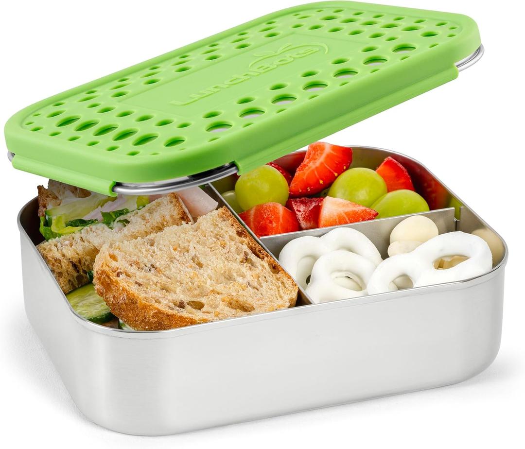 LunchBots Medium Trio II Snack Container - Divided Stainless Steel Food Container - Three Sections for Snacks On the Go - Eco-Friendly, Dishwasher Safe, BPA-Free - Stainless Lid - Green Dots
