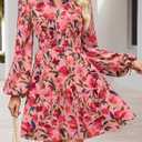 MEROKEETY Fall Wedding Guest Dresses for Women Long Sleeve Floral Casual Lightweight Flowy Swing Boho Dress Pockets (S)