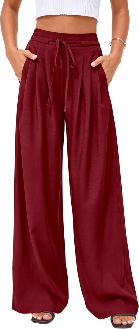 PRETTYGARDEN Womens Spring Wide Leg Dress Pants Business Casual Work High Waist Baggy Tie Trousers Pleated Palazzo Slacks (Red, XXL)