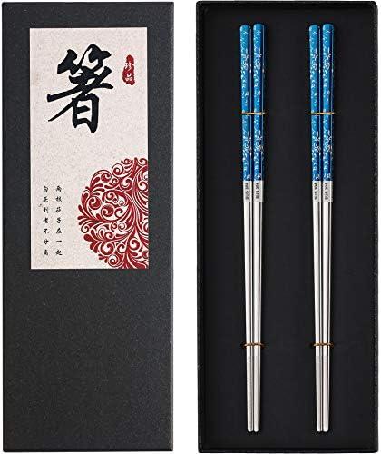 Titanium Plated Chopstick Stainless Steel Chopsticks Metal Chopsticks Reusable Dishwasher safe Premium Laser Engraved Chop Sticks for Eating 2 Pairs Gift Set Blue Silver