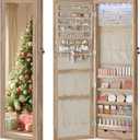 SONGMICS 6 LEDs Mirror Jewelry Cabinet, 47.2-Inch Tall Lockable Wall or Door Mounted Jewelry Armoire Organizer with Mirror, 2 Drawers, Christmas Gift, 3.9 x 14.6 x 47.2 Inches, Toasted Oak Color