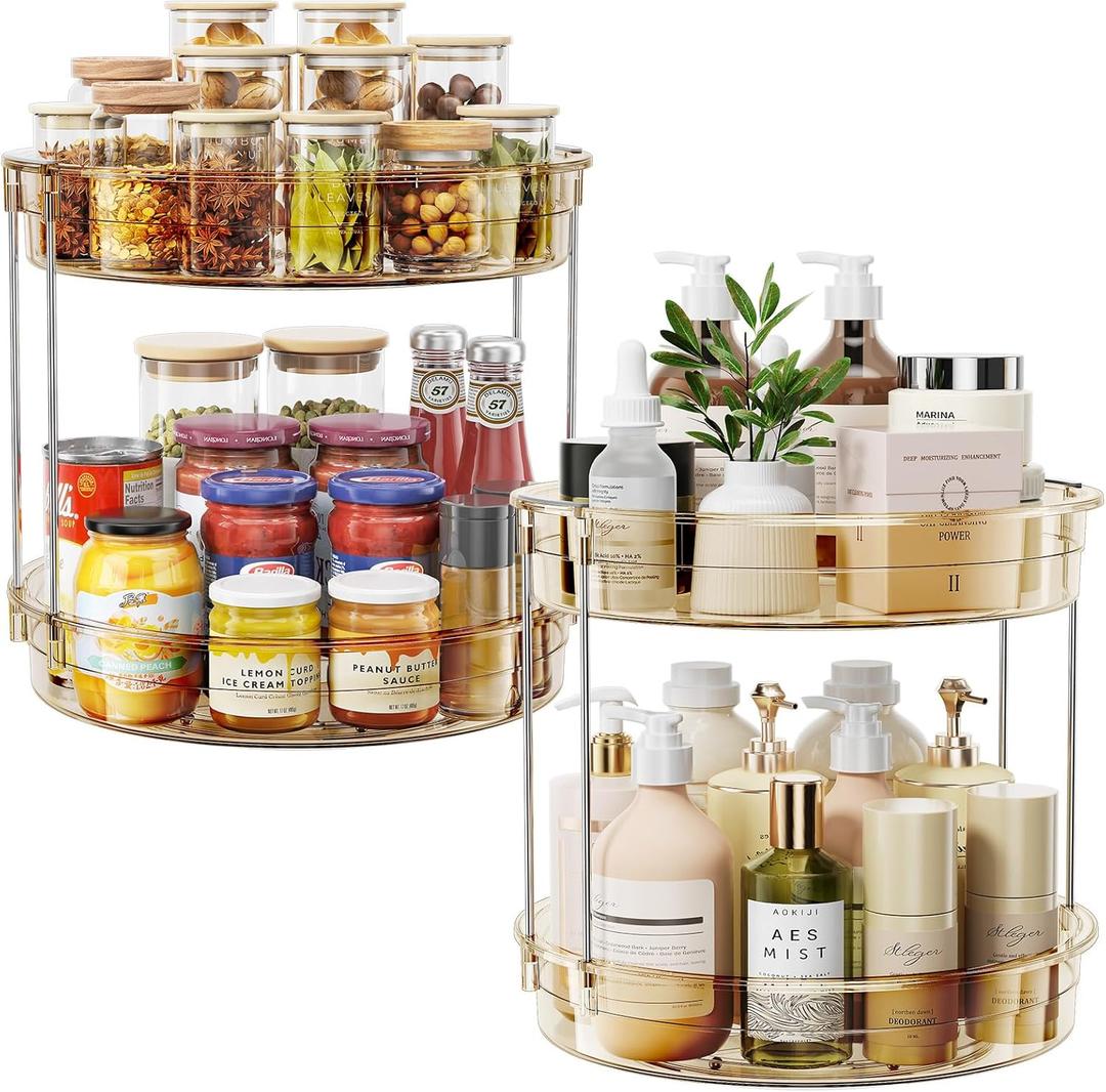 LAMU 2 Pack  2 Tier Lazy Susan Turntable Organizer 12'' Rotating Spice Rack Organization for Cabinet, Kitchen, Pantry, Countertop, Bathroom, Vanity, Medicine Cabinet Organizer, Amber