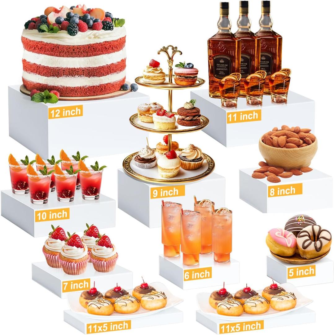 10 Pcs Large Acrylic Buffet Risers, White Food Display Stands for Buffet, Dessert Table, Jewelry, and Catering, Stackable Food Risers with Hollow Bottoms, Nesting Cube Box (12"-11"-10"-9"-8"-7"-6"-5")