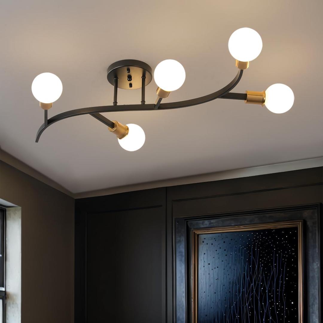 Black and Gold 5-Light Mid Century Modern Sputnik Semi Flush Ceiling Light