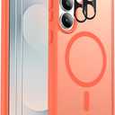 Ezanmull for Samsung Galaxy S25 FE Case Magnetic Shockproof, [Fit for MagSafe] [Glass Screen Protector + Camera Lens Protector] Translucent Anti-Fingerprint (Orange)
