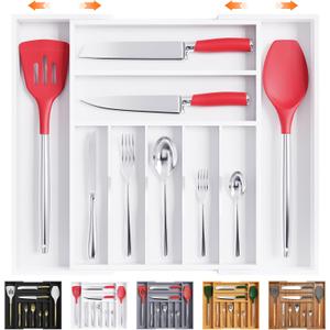 Bellsal Large Premium Bamboo Silverware Organizer - Expandable Utensil Drawer Organizer - 17"x19.6" Utensil Holder and Cutlery Tray with Grooved for Kitchen Flatware and Utensils(7-9 Slot, White)